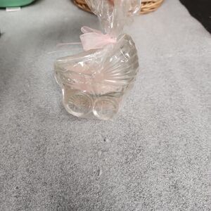 Glass Baby Carriage Figurine with Pink Candle And Ribbon Baby Shower!